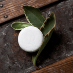 Load image into Gallery viewer, Image of a white shampoo bar next to greenery on a metal and wood background

